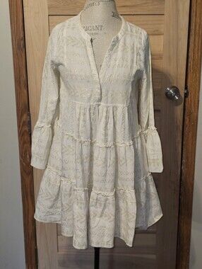 Long-Sleeve Tiered Tunic Dress in Cream with Metallic Detail